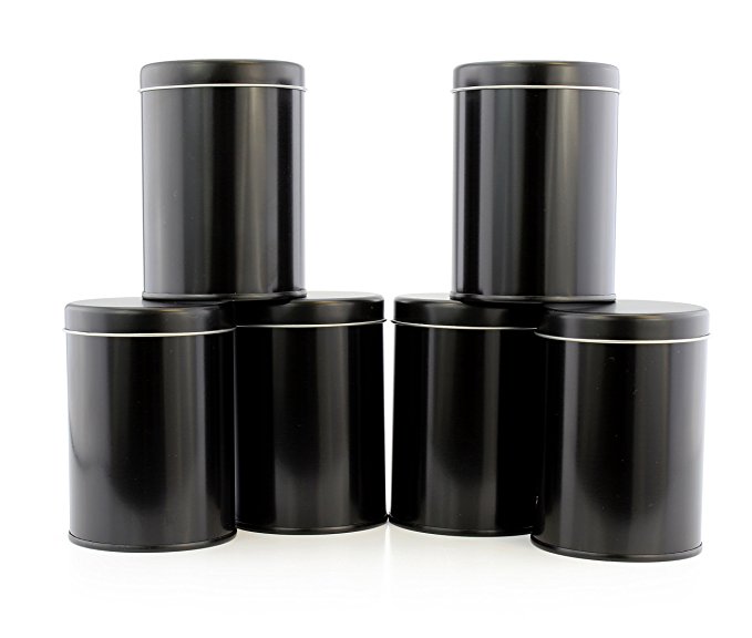 Double Seal Tea Canisters (6-Pack); Black Metal Round Tea Tins w/ Interior Rubber Seal