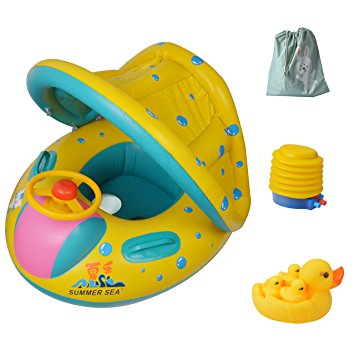 Inflatable Baby Float-Pool Swimming Ring with Sun Canopy with Inflator Pump,Waterproof Carry Bag,Duck Toys