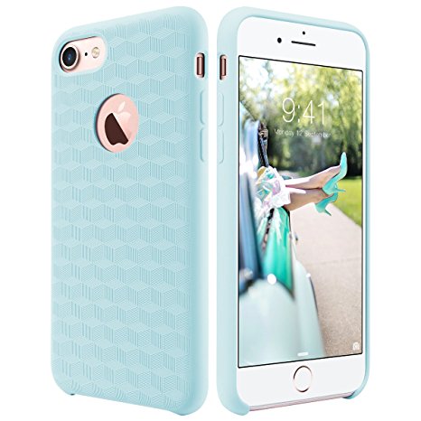 iPhone 7 Case, ULAK [Silicone Slim] Liquid Silicone Gel Rubber Shockproof Case Cover with Soft Microfiber Cloth Lining Cushion for Apple iPhone 7 4.7 inch (2016) - Mint Cubic Pattern