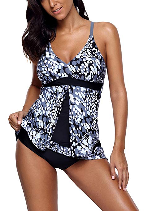 Asvivid Women's Print Two Piece Swimsuit Crisscross Back Tankinis with Skirted Bikini Bottom S-XXXL