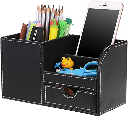 BTSKY Desk Pen Pencil Holder Leather Multi-Function Desk Stationery Organizer Storage Box Cell phone, Business Name Cards Remote Control Holder Home Accessories Organizer with Small Drawer Offic Black