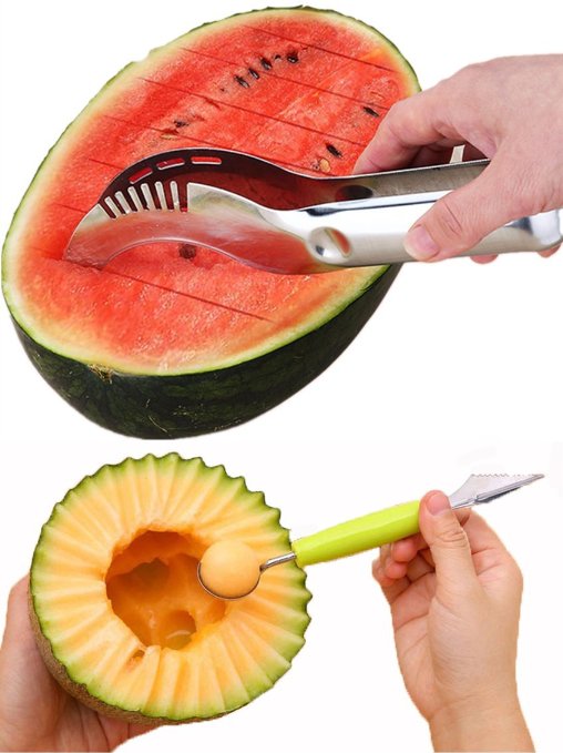KOODER Watermelon Slicer Corer and Melon Baller with a chisel!It can be used for a variety of fruit,such as melon,watermelon,dragon fruit and so on!Suitable for families salads,fruit platter!