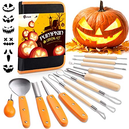 D-FantiX Halloween Pumpkin Carving Kit, 13 Pieces Professional Stainless Steel Pumpkin Carving Tools Kit with Stencils and Carrying Case - Carve Sculpt Jack-O-Lanterns Halloween Decorations DIY