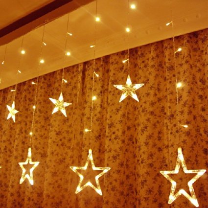 Excelvan 138 LEDs 2m/6.6ft Star Curtain String Light( 6 Big 6 Small),8 Flashing Modes with memory,Waterproof,Used for Wedding,Christmas,Parties,Wedding,Festival Decorations (Warm White)