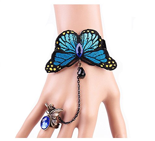 QT Blue Gothic Butterfly Bracelet Finger Ring Combo Set Bangle Hand Chain Harness