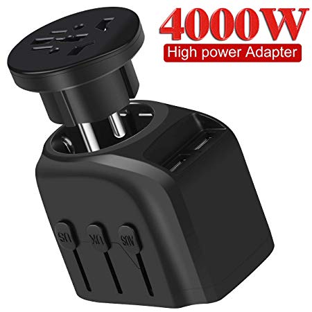 European Travel Plug Adapter, YVELINES 4000W International Power Adapter with 2 Smart Identification USB Charging Ports, converters and adapters for Travel,for US,EU,AU,UK,Asia,Africa etc,Black