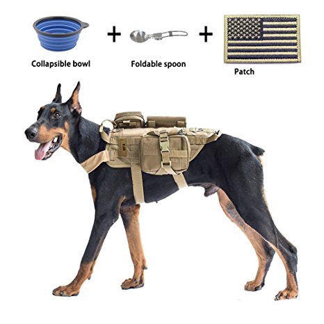 EJG Military Tactical Service Dog Training Vest Police Molle Dog Harness Camping Hiking Traveling Nylon Adjustable Coat with 3 Detachable Pouches For Medium & Large Dog