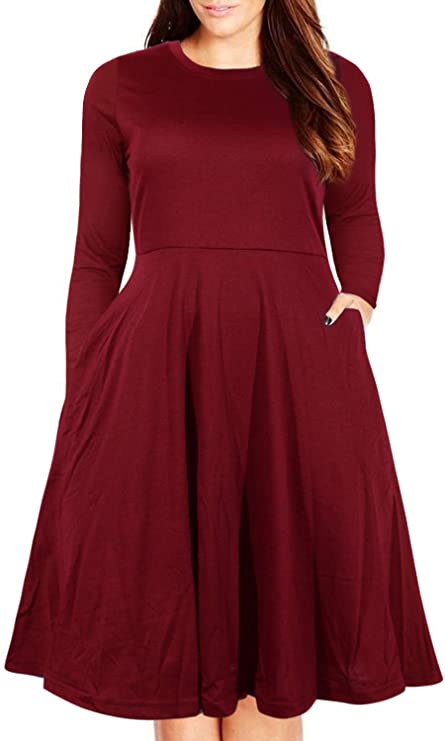 Nemidor Women's Round Neck Summer Casual Plus Size Fit and Flare Midi Dress with Pocket