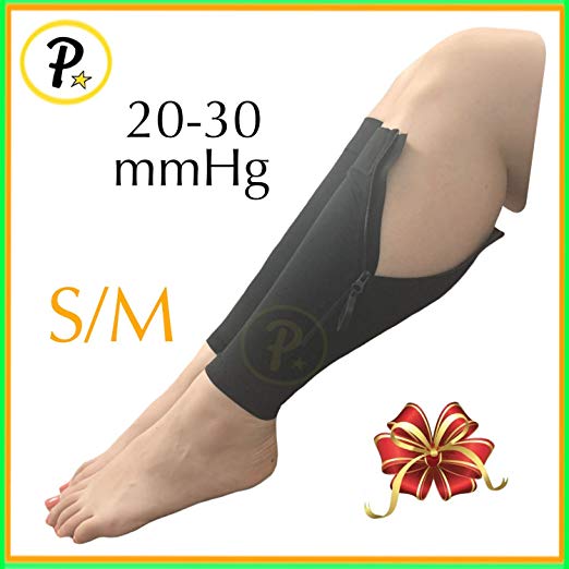 Presadee New Calf Shin Sleeve with Zipper 20-30 mmHg Compression Leg Circulation Fatigue Swelling Relief Recovery Support (Black, S/M)