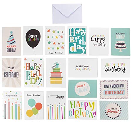 144-Pack Happy Birthday Cards - Includes 18 Colorful Designs with Party Hats, Balloons, Gift Boxes, Birthday Cake and Stars, 8 of Each, Bulk Box Set Variety Pack with Envelopes Included, 4 x 6 Inches