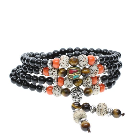 Multilayer Mala Beads Natural Obsidian and Lotus Seed Prayer Bracelet