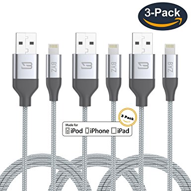 BYZ iPhone Charger Charging Cable 6ft Lightening Cable - 3 Pack iPhone Cable USB Sync & Charging Cord for iPhone 7 Plus 7 6S Plus 6 Plus SE 5S 5C 5, iPad 2 3 4 Mini, iPad Pro Air, iPod - Silver