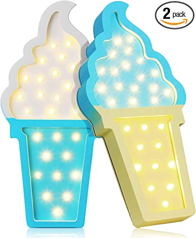 2 Pcs Ice Cream Valentine Romance Atmosphere Light Wooden Ice Cream LED Night Light Ice Cream Theme Valentine Romance Lamps Battery Operated LED Night Lights for Party (White-Blue, Blue-Yellow)