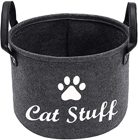 Round Felt Pet Dog Cat Toy Storage, Collapsible Convenient Organizer Basket, Space-Saving Box for Organizing Pet Chew Toys Blankets leashes (cat Stuff, Gary)