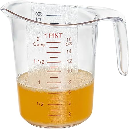 RW Base 1 Pint Measuring Jar, 1 Durable Measuring Beaker - Metric And Imperial Units, V-Shaped Spout, Clear Plastic Measuring Cup, Handle With Thumb-Grip, Tolerates Up To 248F - Restaurantware