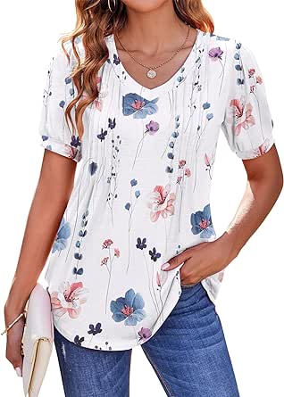 Zeagoo Women's Puff Short Sleeve Boho Shirts Casual V Neck Floral Solid Summer Blouse Pleated Casual Tunic Top