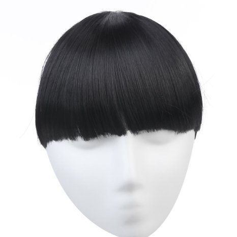 SR Hair Synthetic Hairpieces False Clip In Bangs Fringe Front Neat Bang Extensions Forehead Bang Hair Extensions (1B jet black)
