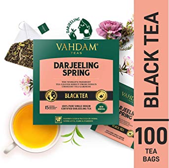 VAHDAM, Exotic Darjeeling First Flush Tea Leaves,100 Tea Bag, Long Leaf Pyramid Darjeeling Tea Bags, Aromatic & Flowery, 100% Pure Unblended First Flush Darjeeling Tea, Packed in India