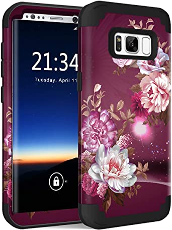 Hocase Galaxy S8 Plus SM-G955 Case, Heavy Duty Protection Shock Absorbing Silicone Rubber Bumper Hard Plastic Hybrid Dual Layer Protective Case for Galaxy S8 Plus 6.2" 2017 - Burgundy Flowers