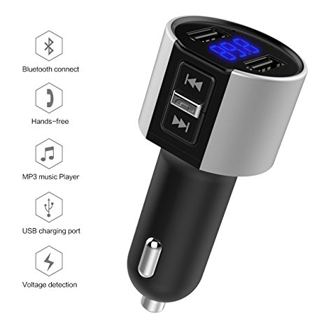 Bluetooth FM Transmitter, SROCKER Wireless Bluetooth Car FM Radio Adapter and Bluetooth Receiver MP3 Player Car Kit with Hands Free Calling and Dual USB Ports Charge 5V/2.4A & 1A