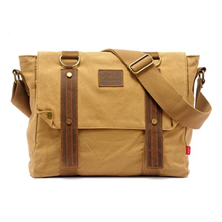 ZLYC Men Canvas Messenger Bag Vintage Military Shoulder Bag Leather Trim Satchel Fit 13.3 Inch Laptop