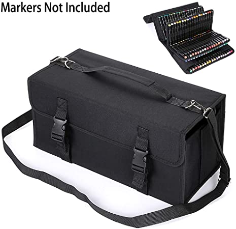 BTSKY New 171 Slots Marker Case Lipstick Organizer-Canvas Markers Holder for for Primascolor Markers and Copic Sketch Markers Black