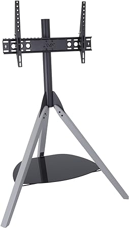 AVF Hoxton TV Floor Stand - Free-standing Tripod TV Unit, Solid Gray Wood Legs, Black Glass Shelf, For TVs 32" to 70"