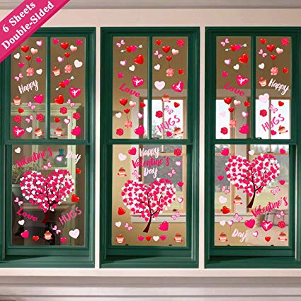 Ivenf Valentines Day Decorations Heart Window Clings Decor, Kids School Home Office Large Valentines Hearts Accessories Birthday Party Supplies Gifts, 6 Sheet 117pcs, Pink Set
