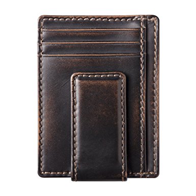 HOJ Co. CARRYALL Mens Leather Money Clip Wallet-Strong Magnetic Front Pocket Wallet-Exterior ID Window