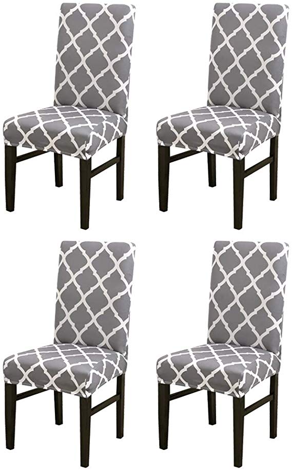 CHICHIC Stretch Removable Short Dining Chair Protector Cover Washable Seat Slipcover for Kitchen, Hotel, Dining Room, Ceremony, Banquet Wedding Party, Set of 4, Pattern 1 Grey