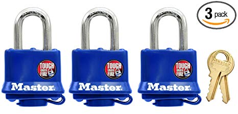 Master Lock 312TRI Laminated Padlocks with Blue Thermoplastic Shell, 1-9/16-inch, 3-Pack