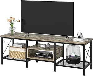 VECELO Industrial TV Stand for 70 Inch Television Cabinet 3-Tier Console with Open Storage Shelves, Entertainment Center Metal Frame for Living Room, Bedroom, 63 Inch, Grey