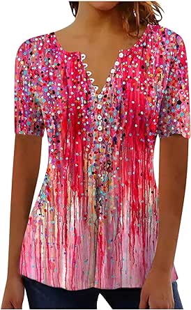 Summer Tops for Women 2024 Trendy Boho Floral Print Tunic Shirts Short Sleeve Button v Neck Tshirt Casual Loose Blouse