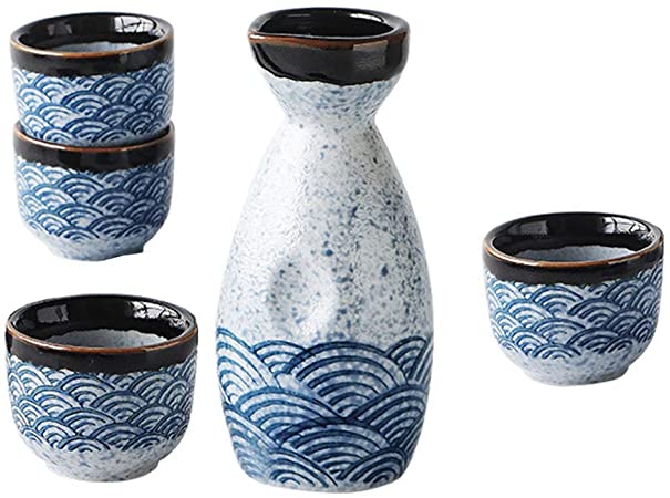 DOITOOL 5 Piece Sake Set Durable Ceramic Japanese Sake Set with 1 Carafe Decanter Tokkuri Bottle and 4 Ochoko Cups for Hot or Cold Sake at Home or Restaurant