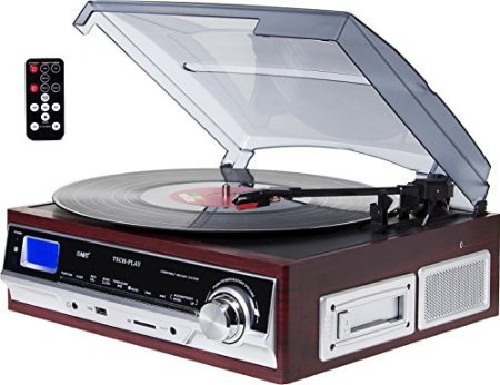 TechPlay ODC17 WD 3-Speed Turntable and Cassett player WSD USB MP3 Encoding System and AMFM Stereo Radio and built-in speakers in wood color