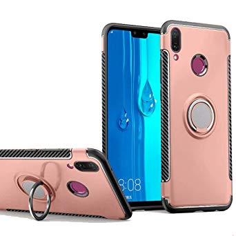 Huawei Y9 2019 Case, Ranyi [2 Piece Ring Cover] [Adsorbed Iron Plate] [360 Rotating Metal Ring] Premium Hybrid 360 Full Body Protective 2 in 1 Rubber Case for Huawei Y9 2019 (Rose Gold)