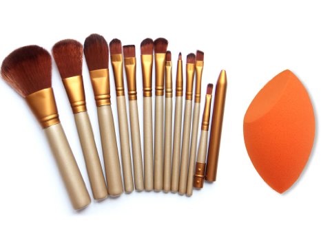 Jmkcoz 12pcs Makeup Set Golden Cosmetic Makeup Brushes Plus 1pc Canvas Bag and 1pc Makeup Sponge Blender Makeup Kit