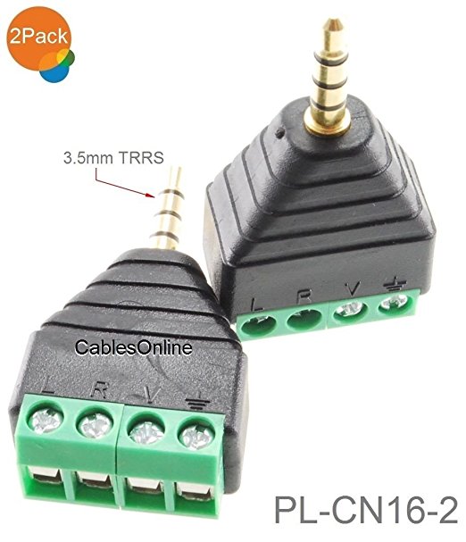 CablesOnline 2-Pack 3.5mm (1/8") Stereo TRRS Male Jack to AV 4-Screw Terminal Block Balun Connectors, PL-CN16-2