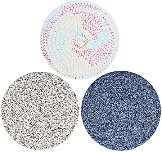 ME.FAN Cotton Trivets Potholders [3 Set] Woven Fabric Trivets - Kitchen Pure Cotton Hot Pot Holders - Round Hot Pads Coasters, Hot Mats,Spoon Rest by Diameter 7 in-Coffee-Blue-White-Mix