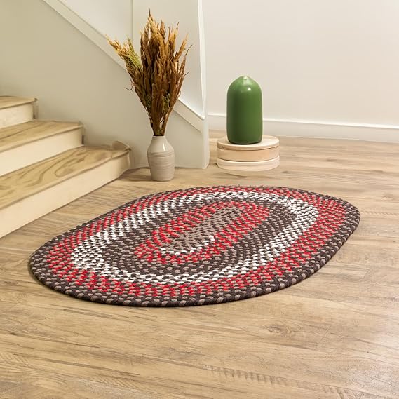 Super Area Rugs Oval 2' X 3' Brown - Red - Ivory Oval Braided Rug for Farmhouse Style Kitchens and Bathrooms