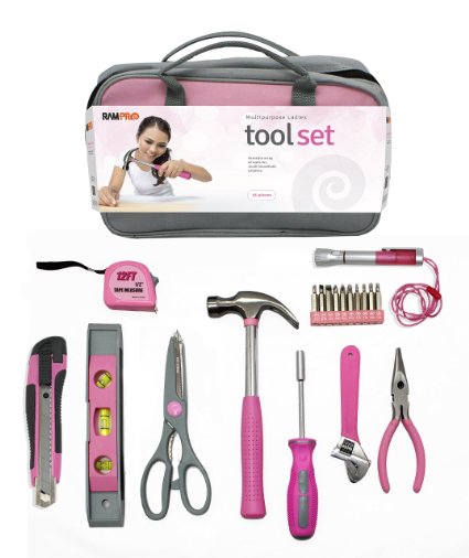 RamPro 11 Piece Pink General Hand Tool Set with Cute Pink Zippered Tool Kit - (Cute Gift for Girls, Ladies, Women)