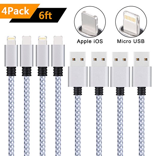 Xcords 2in1 Lightning Charging Cable 6 Feet Nylon Braided Micro USB and iPhone Charger Cord for iPhone X 8 7 6S 6 Plus SE 5S 5 iPad Android Smartphone MP3 Tablet and More (4Pack, White)