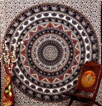 Hippie Hippy Intricate Elephant Round Kaleidoscopic Star Mandala Bohemian Cotton Indian Tapestry Decor Art 86x94" By Bhagyoday