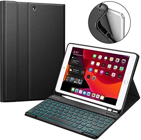 Fintie Keyboard Case for New iPad 7th Generation 10.2 Inch 2019, Soft TPU Back Cover with Pencil Holder, Magnetically Detachable Wireless Bluetooth Keyboard, 7 Color Backlight for iPad 10.2", Black