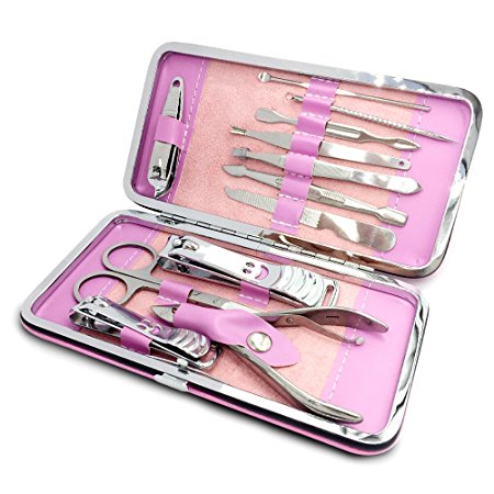12Pcs Nail Clippers Care Personal Manicure Pedicure Tools Kit Finger Toe Clipper Set with Scissors Calipers Filers Nippers Cuticle Pushers Cutters Trimmers Stainless Steel -- Coslife (Pink)