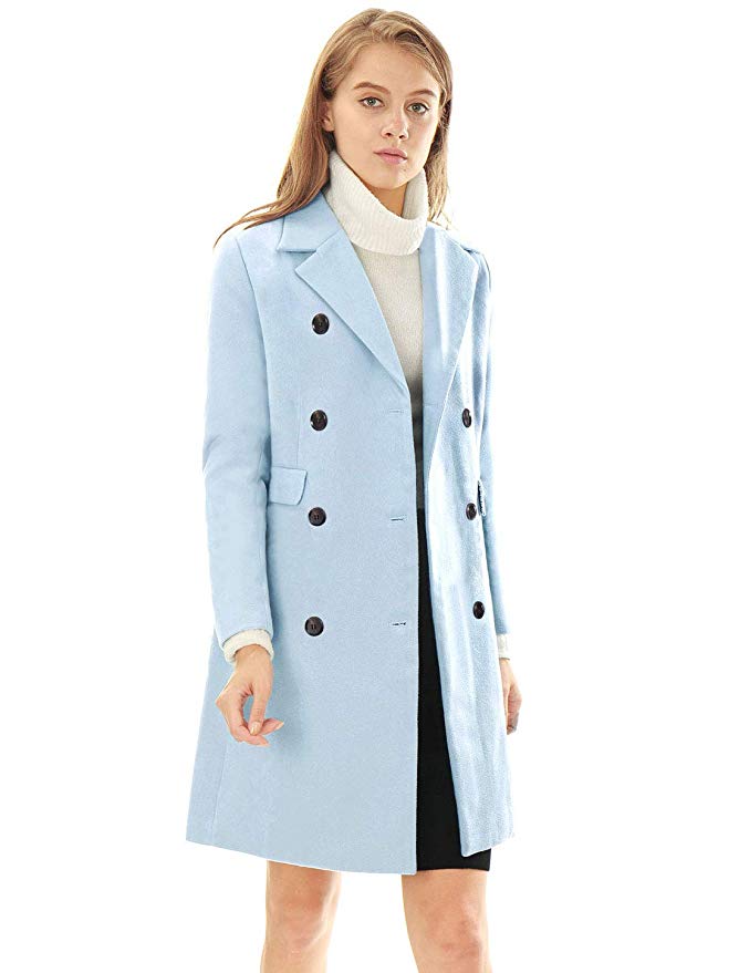 Allegra K Women's Long Jacket Notched Lapel Double Breasted Trench Coat