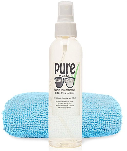 GLASSES & LENS CLEANER Kit 150ml by Pure Organics - contains only Eco-Friendly, Bio Degradable and Hypo Allergenic ingredients. NO alcohol or artificial chemicals. Naturally cleans all dust, dirt, marks and stains from Spectacles, Glasses, Sun Glasses, Reading Glasses, Camera Lens and Spectacles without harming the coating.