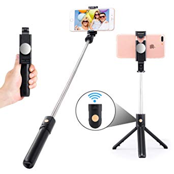 CYONE Selfie Stick Tripod Stand Holder Extendable with Bluetooth Remote 360°Rotatable Phone Holder with Back View Mirror Compatible with Phone X/Phone 8/8 Plus/Sumsung S9 iOS and Android-010 (Black)
