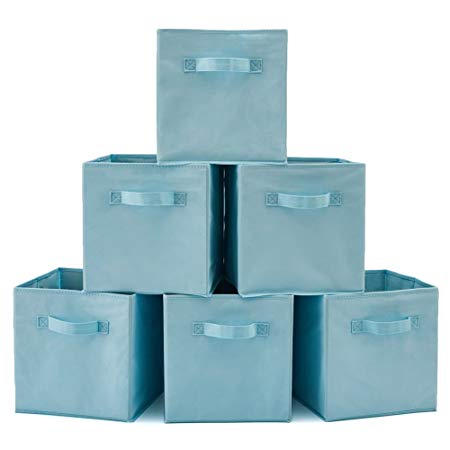 EZOWare Set of 6 Foldable Fabric Basket Bin Collapsible Storage Cube for Nursery, Toys Organizer, Shelf Cabinet (Light Blue)