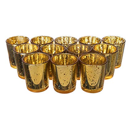 Royal Imports Gold Mercury Glass Votive Candle Holder, Table Centerpiece Tealight Decoration for Elegant Dinner, Party, Wedding, Holiday, Set of 12 (Unfilled)